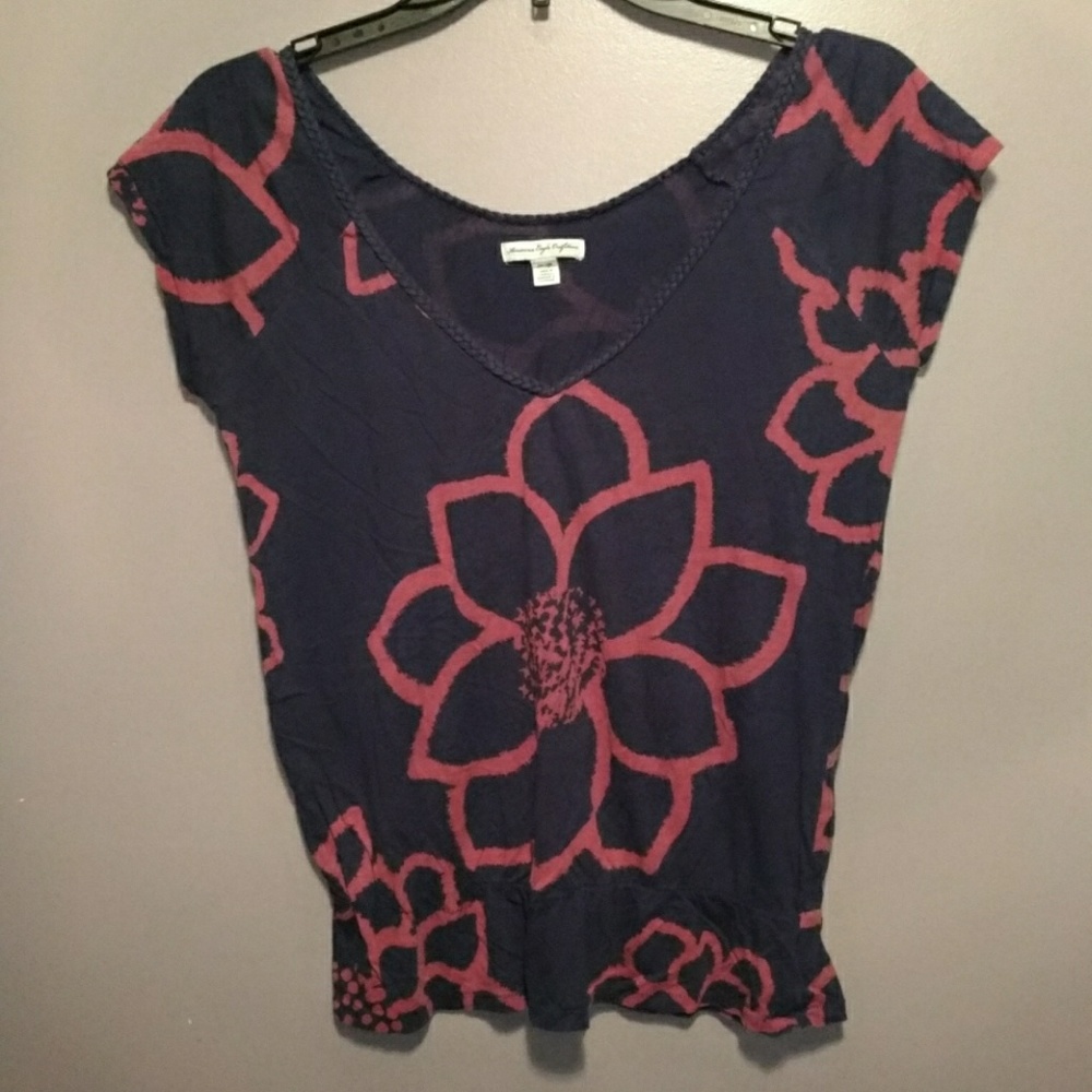 American Eagle  XS Blouse Blue Pink Floral A56